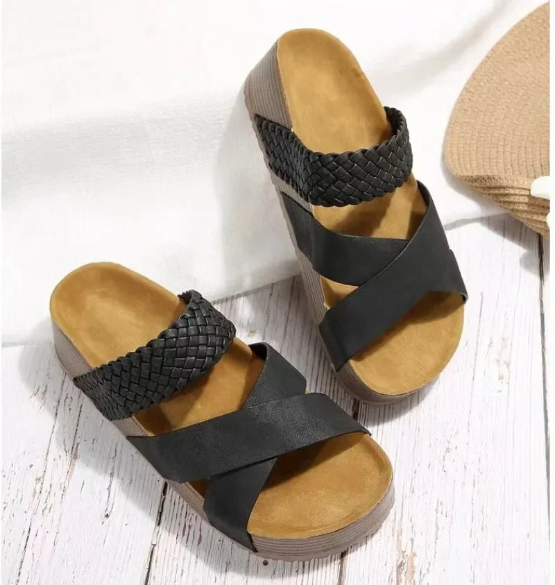 Summer Women Sandals Sexy Open Toe Broad Band Crossover Slip-On Thick Platform Shoes Casual Flat Slippers Big Size 43