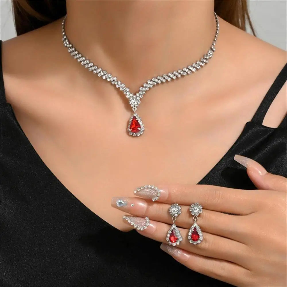 Simple Water Drop Crystal Rhinestone Necklace Earrings Chain For Women Wedding Bride Jewelry Sets Dress Accessories