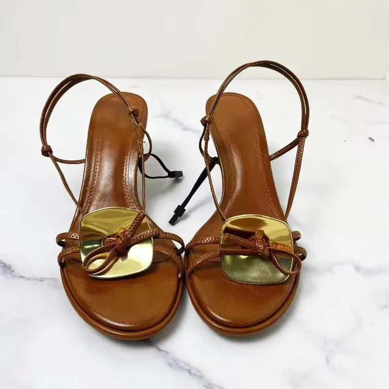 TRAF Woman’s Chic Metal Disc Heels Sandals Brown Round Toe Peep Toe Slingbacks Sandals Elegant Female Strap Buckle Heels Shoes