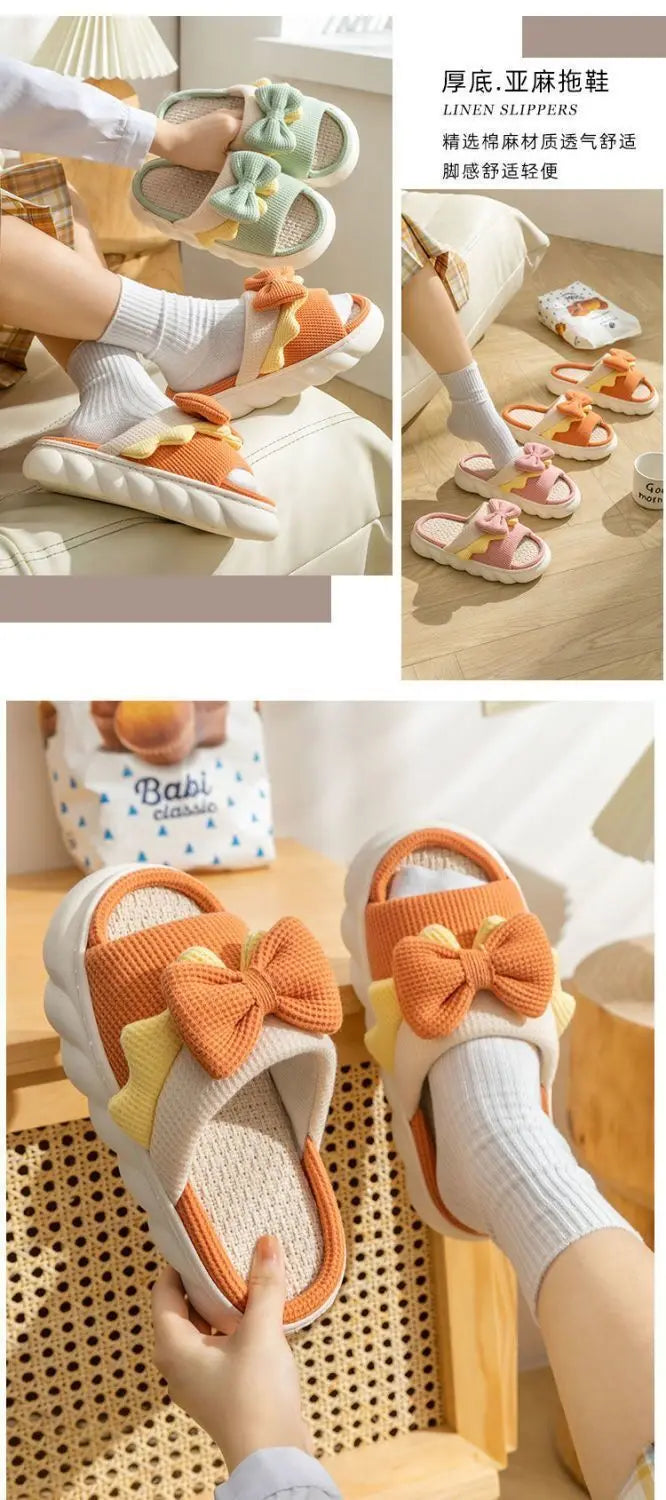 Women Thick Platform Linen Slippers Home Anti-slip Indoor Slipper Summer Beach Sandals Soft EVA Flat Shoes Cute Cartoon Slides