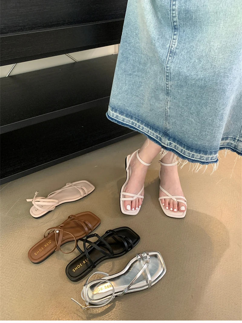 2024 Summer Gladiator Women Sandals Fashion Elegant Narrow Band Clip Toe Shoes Ladies Comfort Flats Beach Sandalias