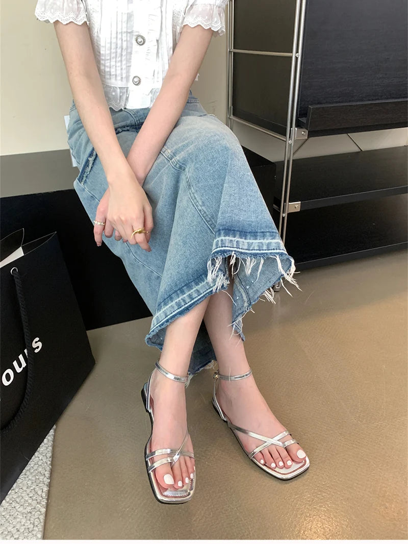 2024 Summer Gladiator Women Sandals Fashion Elegant Narrow Band Clip Toe Shoes Ladies Comfort Flats Beach Sandalias