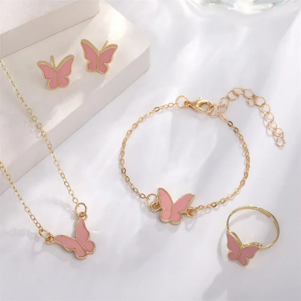 4 Styles Enamel Colorful Butterfly Pendant Necklace for Women Girls Wedding Party Jewelry Set Chain Bracelet Stud Earrings Ring