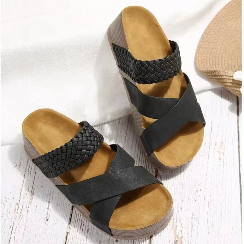 Summer Women Sandals Sexy Open Toe Broad Band Crossover Slip-On Thick Platform Shoes Casual Flat Slippers Big Size 43