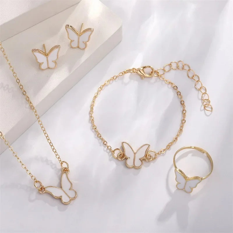 5Pcs/Set Fashion Butterfly Pendant Necklace Earrings Ring Bracelet Set For Women Engagement Wedding Jewelry Set Anniversary Gift