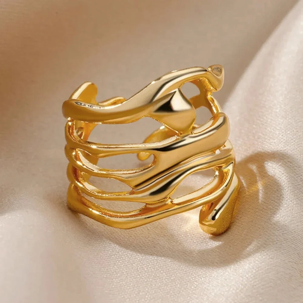 2025 Christmas new stainless steel ring gold hollow wide simple fashion suitable for couples party wear jewelry gifts