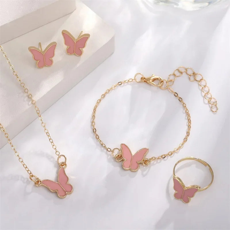 5Pcs/Set Fashion Butterfly Pendant Necklace Earrings Ring Bracelet Set For Women Engagement Wedding Jewelry Set Anniversary Gift