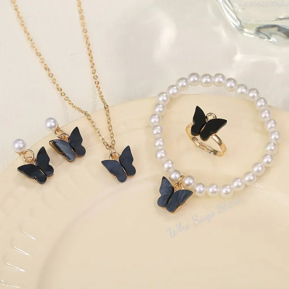 Butterfly Jewelry Sets Crystal Acrylic Romantic Bracelet Ring Necklace Earring Set for Women Wedding Dinner Dress Accessories