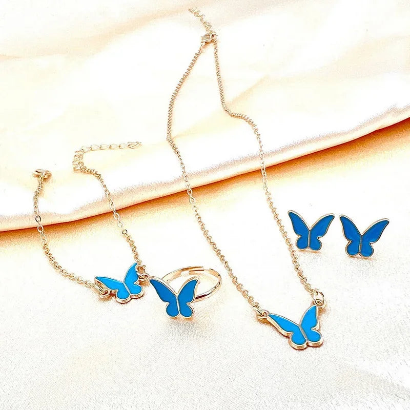 5Pcs/Set Fashion Butterfly Pendant Necklace Earrings Ring Bracelet Set For Women Engagement Wedding Jewelry Set Anniversary Gift