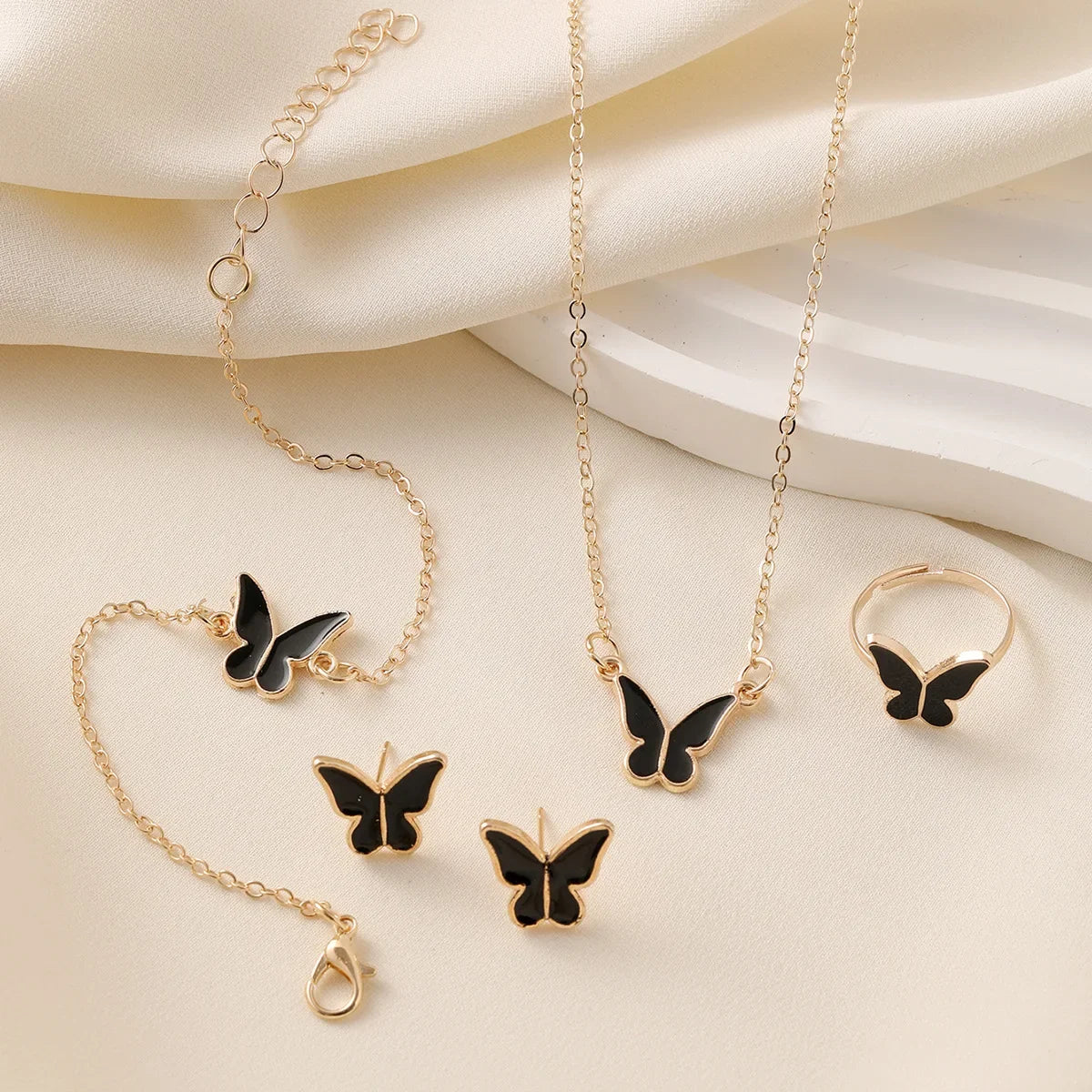 Butterfly Jewelry Sets Crystal Acrylic Romantic Bracelet Ring Necklace Earring Set for Women Wedding Dinner Dress Accessories