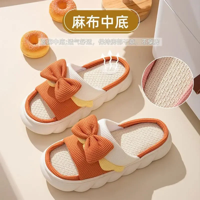 Women Thick Platform Linen Slippers Home Anti-slip Indoor Slipper Summer Beach Sandals Soft EVA Flat Shoes Cute Cartoon Slides