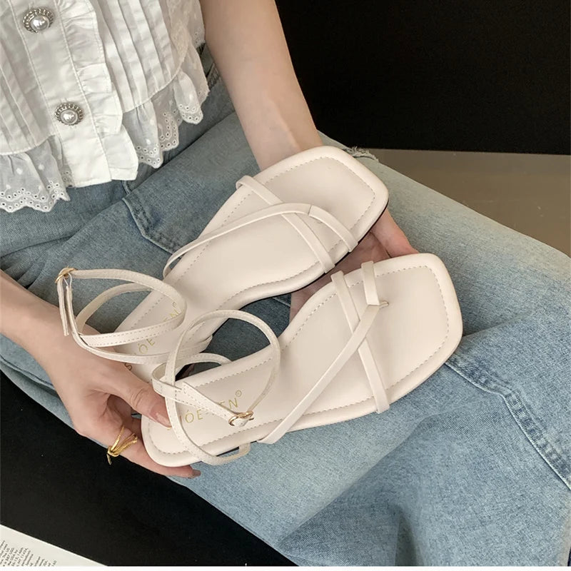 2024 Summer Gladiator Women Sandals Fashion Elegant Narrow Band Clip Toe Shoes Ladies Comfort Flats Beach Sandalias