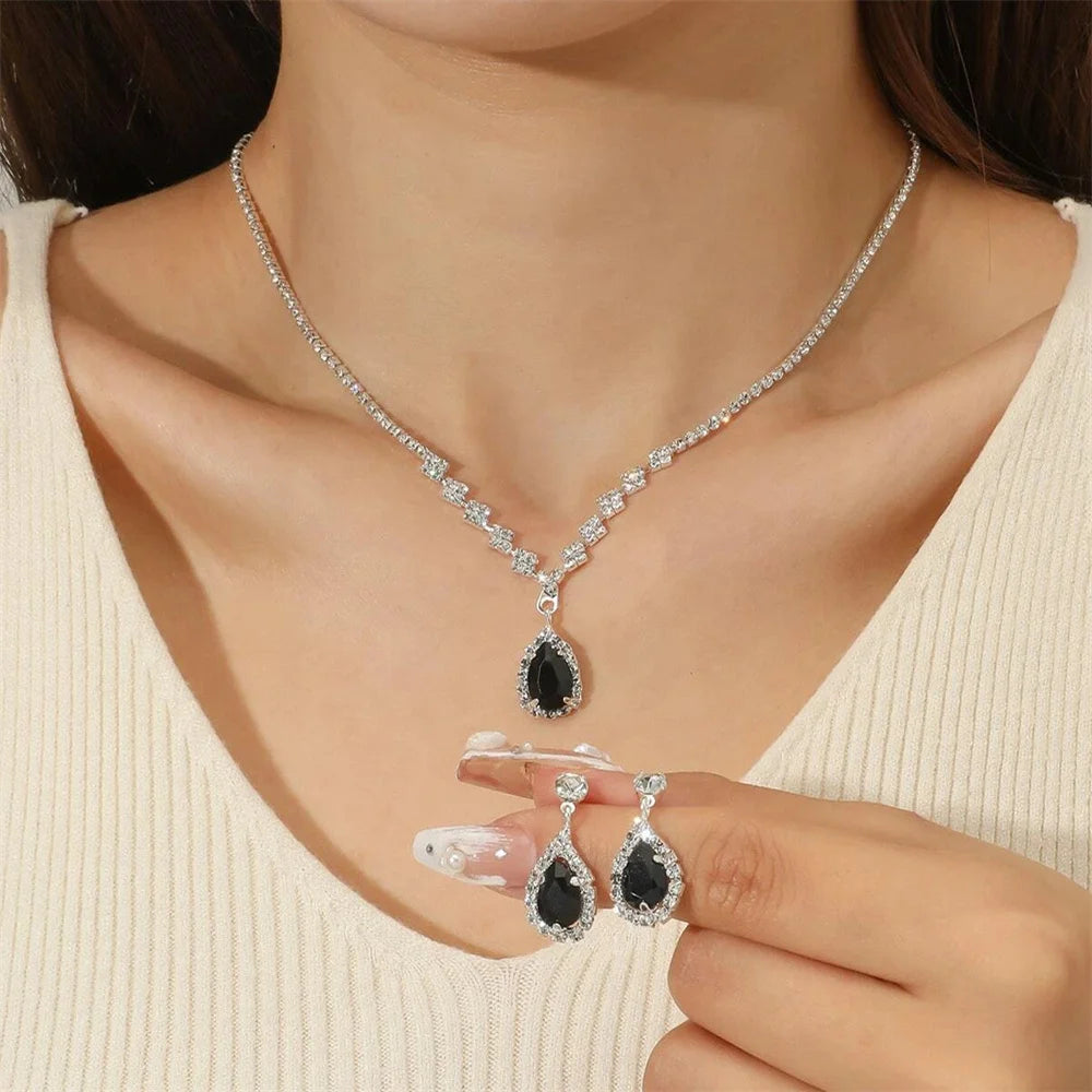 Simple Water Drop Crystal Rhinestone Necklace Earrings Chain For Women Wedding Bride Jewelry Sets Dress Accessories