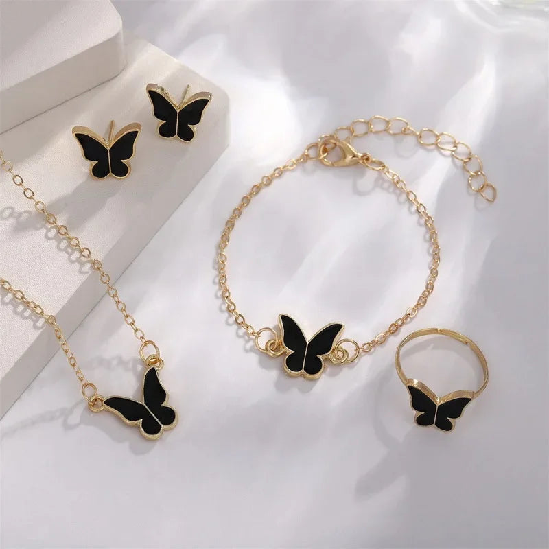 5Pcs/Set Fashion Butterfly Pendant Necklace Earrings Ring Bracelet Set For Women Engagement Wedding Jewelry Set Anniversary Gift