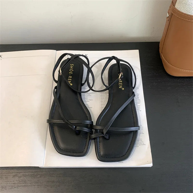 2024 Summer Gladiator Women Sandals Fashion Elegant Narrow Band Clip Toe Shoes Ladies Comfort Flats Beach Sandalias