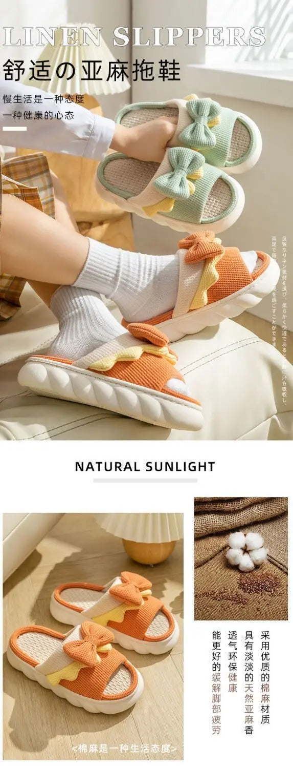 Women Thick Platform Linen Slippers Home Anti-slip Indoor Slipper Summer Beach Sandals Soft EVA Flat Shoes Cute Cartoon Slides