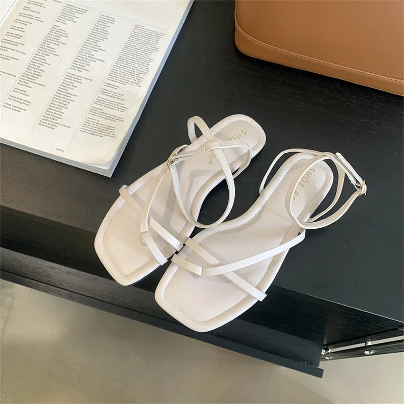 2024 Summer Gladiator Women Sandals Fashion Elegant Narrow Band Clip Toe Shoes Ladies Comfort Flats Beach Sandalias