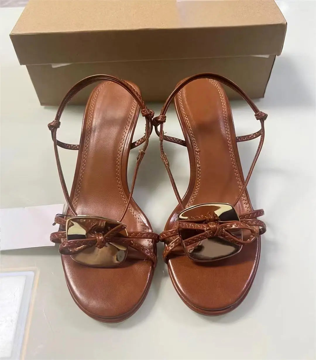 TRAF Woman’s Chic Metal Disc Heels Sandals Brown Round Toe Peep Toe Slingbacks Sandals Elegant Female Strap Buckle Heels Shoes