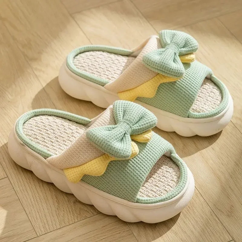 Women Thick Platform Linen Slippers Home Anti-slip Indoor Slipper Summer Beach Sandals Soft EVA Flat Shoes Cute Cartoon Slides