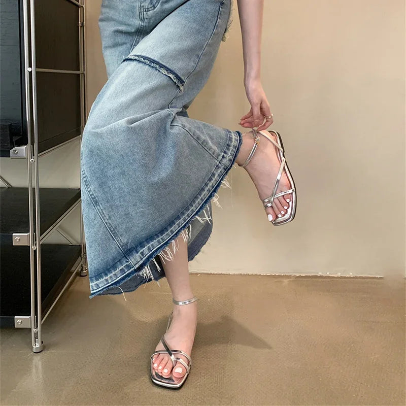 2024 Summer Gladiator Women Sandals Fashion Elegant Narrow Band Clip Toe Shoes Ladies Comfort Flats Beach Sandalias