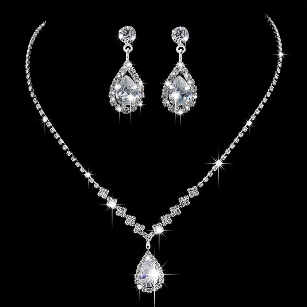 Simple Water Drop Crystal Rhinestone Necklace Earrings Chain For Women Wedding Bride Jewelry Sets Dress Accessories