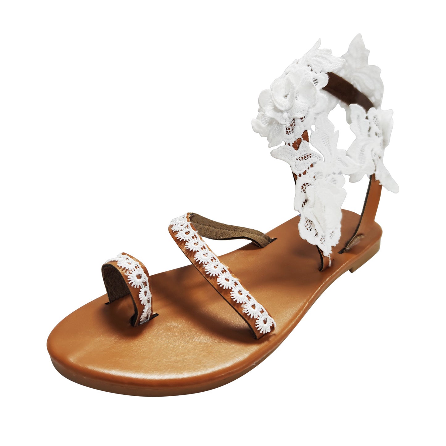 2021 Summer Women White Flat Sandals Luxury Pearls Bridal Wedding Shoes Lace Flowers Ankle Strap Beach Sandals Roman Slippers