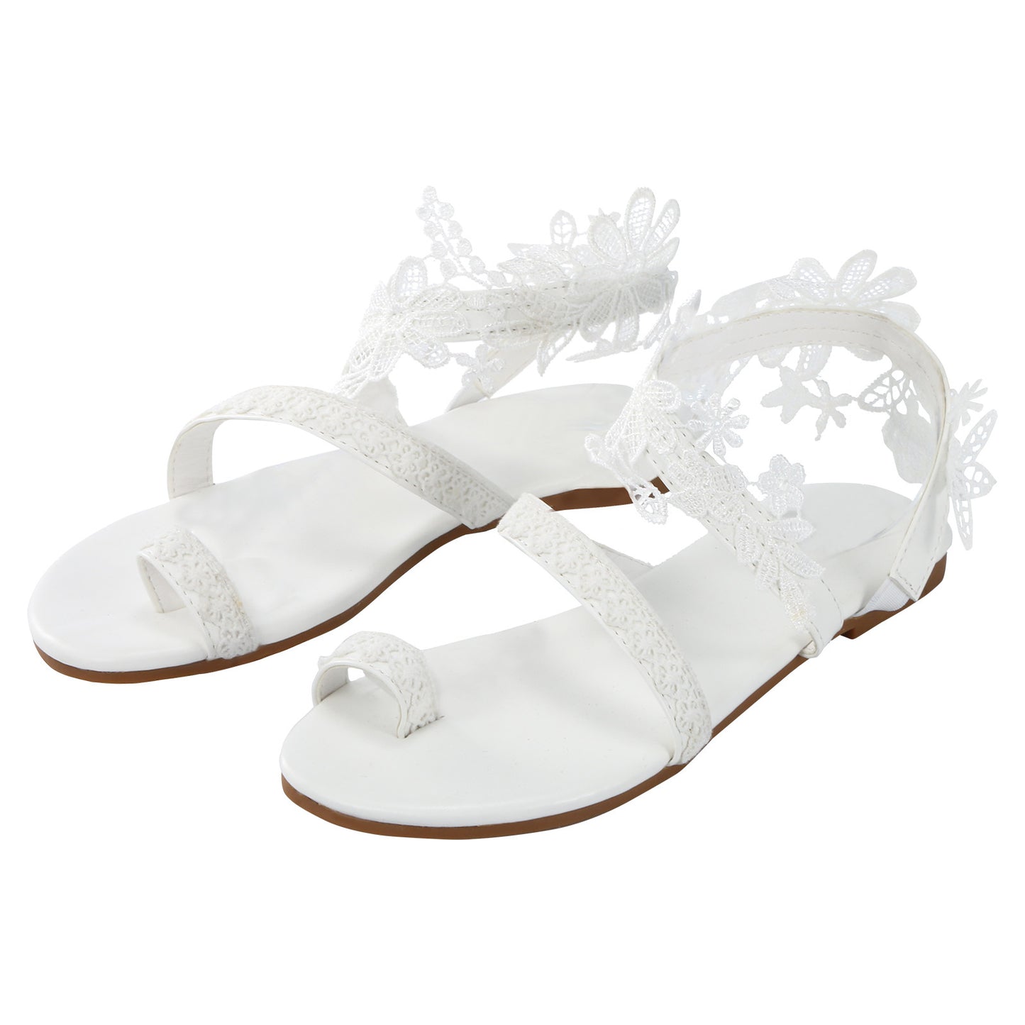 2021 Summer Women White Flat Sandals Luxury Pearls Bridal Wedding Shoes Lace Flowers Ankle Strap Beach Sandals Roman Slippers