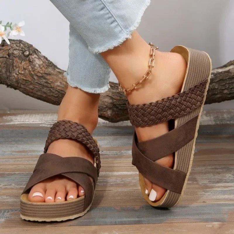 Summer Women Sandals Sexy Open Toe Broad Band Crossover Slip-On Thick Platform Shoes Casual Flat Slippers Big Size 43