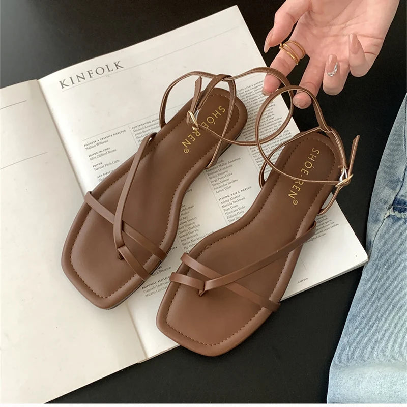 2024 Summer Gladiator Women Sandals Fashion Elegant Narrow Band Clip Toe Shoes Ladies Comfort Flats Beach Sandalias