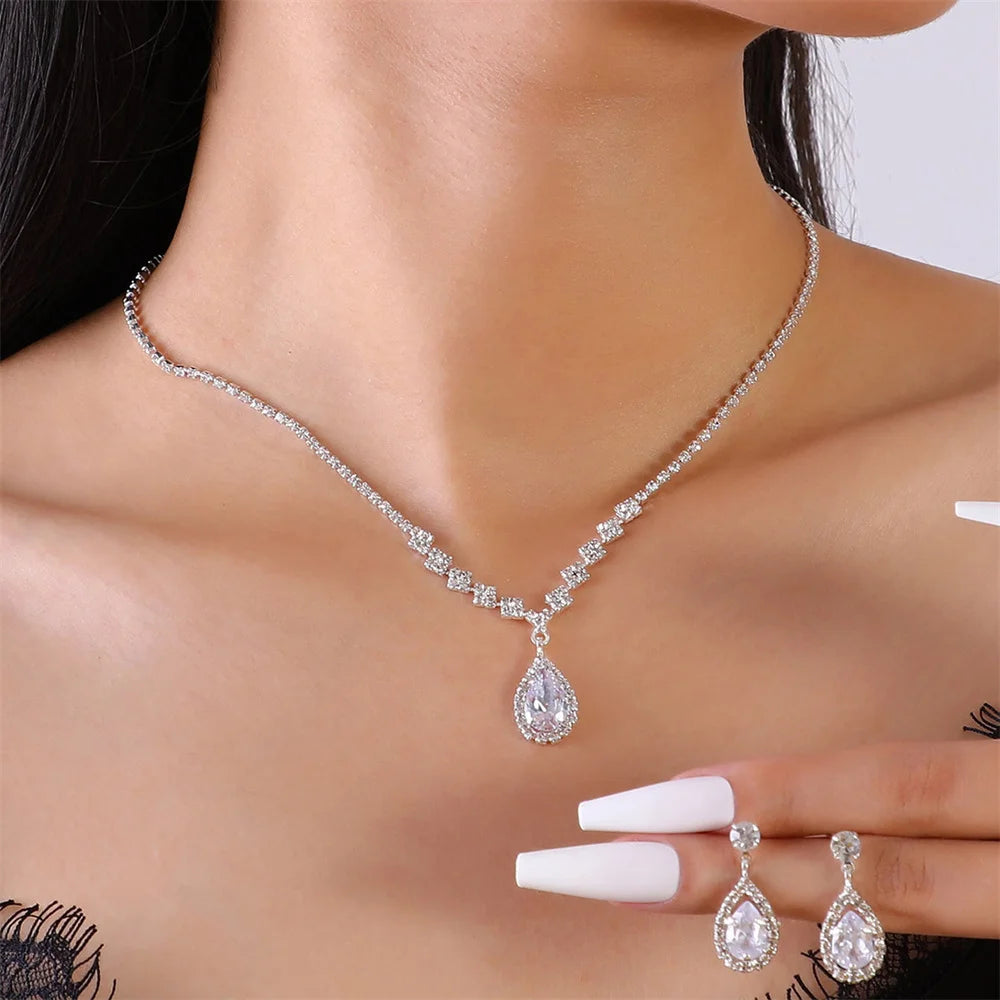 Simple Water Drop Crystal Rhinestone Necklace Earrings Chain For Women Wedding Bride Jewelry Sets Dress Accessories