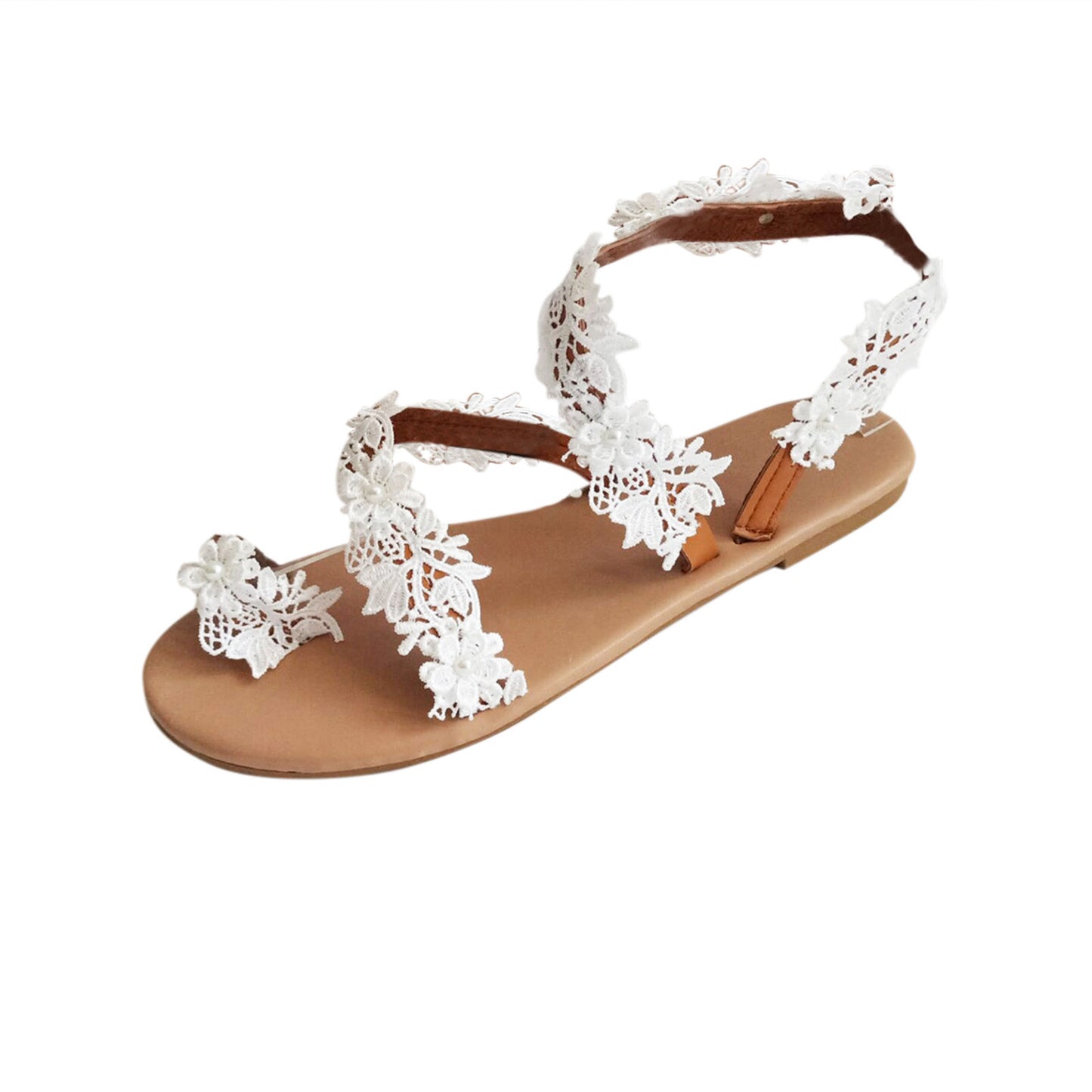 2021 Summer Women White Flat Sandals Luxury Pearls Bridal Wedding Shoes Lace Flowers Ankle Strap Beach Sandals Roman Slippers